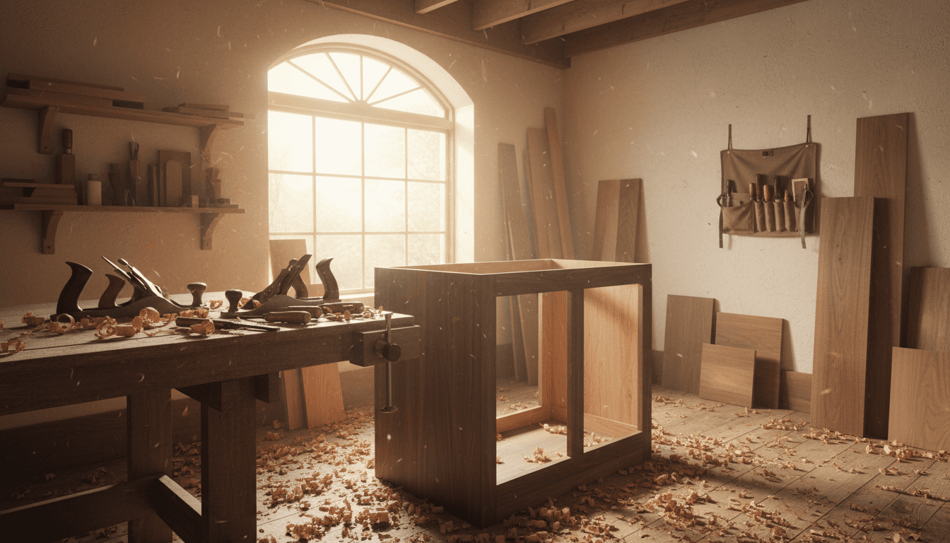 Carpenter's workbench with hand tools and a custom cabinet in progress
