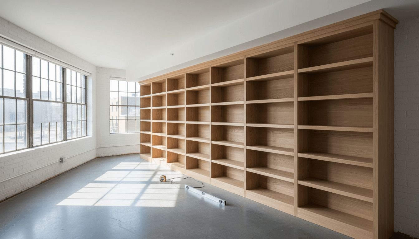 Newly installed custom white oak bookshelf in a Toronto loft