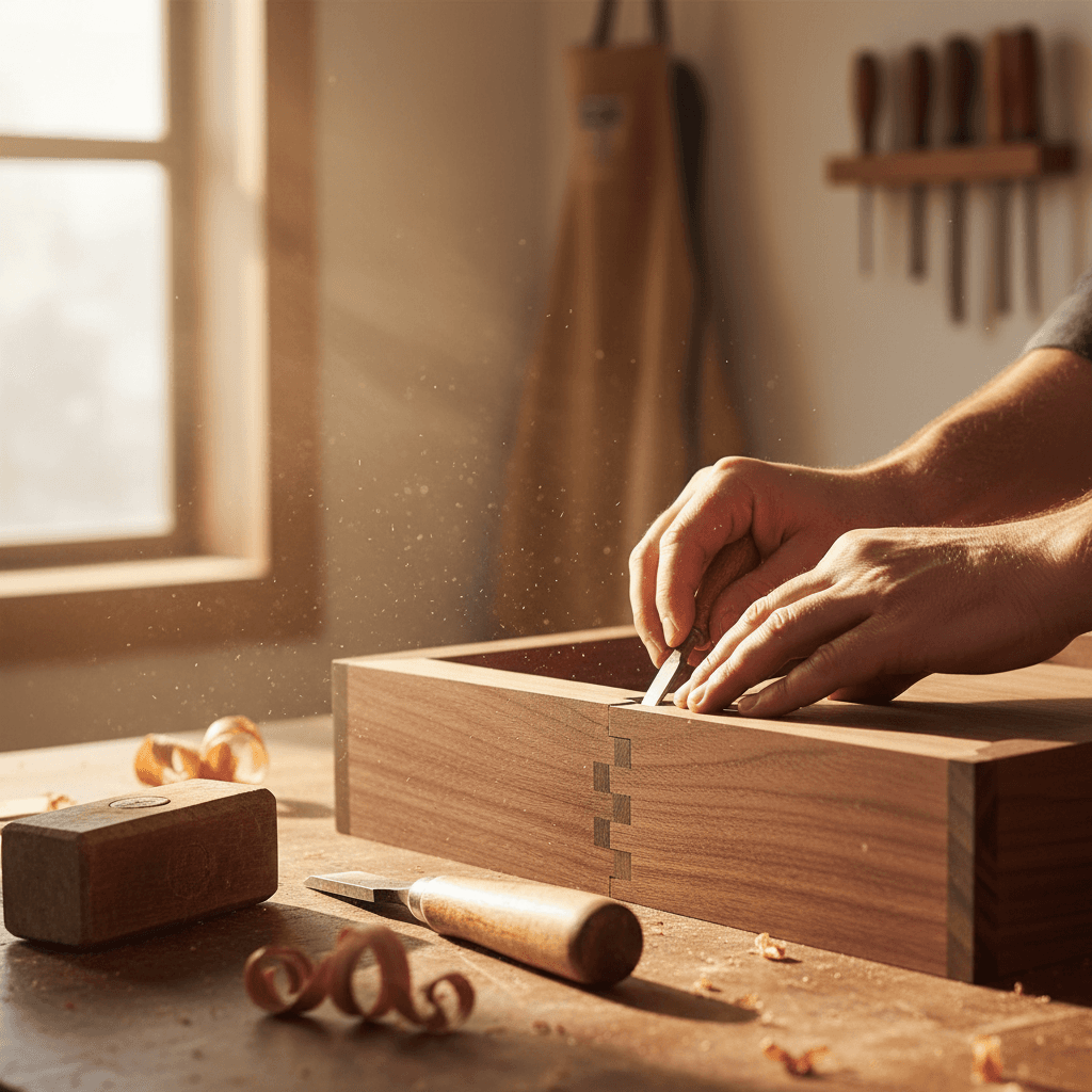 Carpenter's hands fitting a dovetail joint on a walnut cabinet