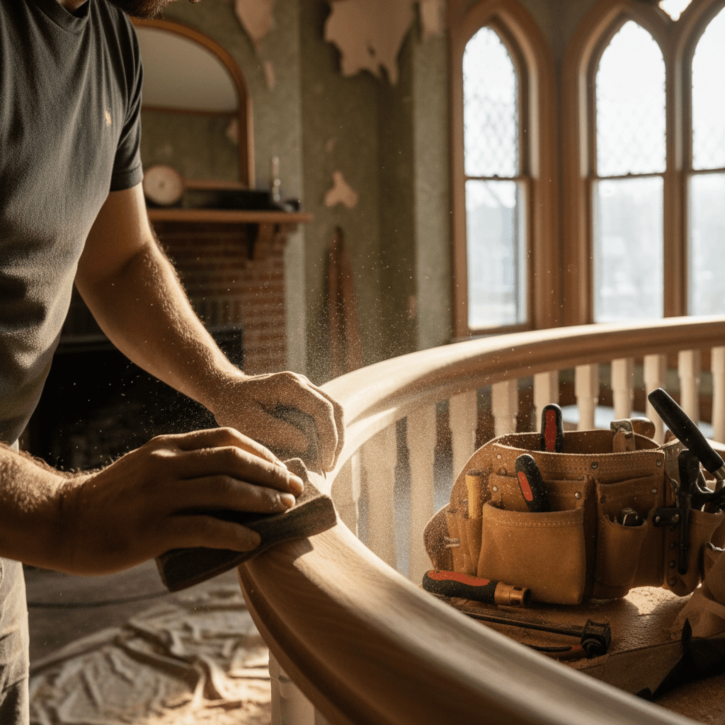 Carpenter sanding wood handrail