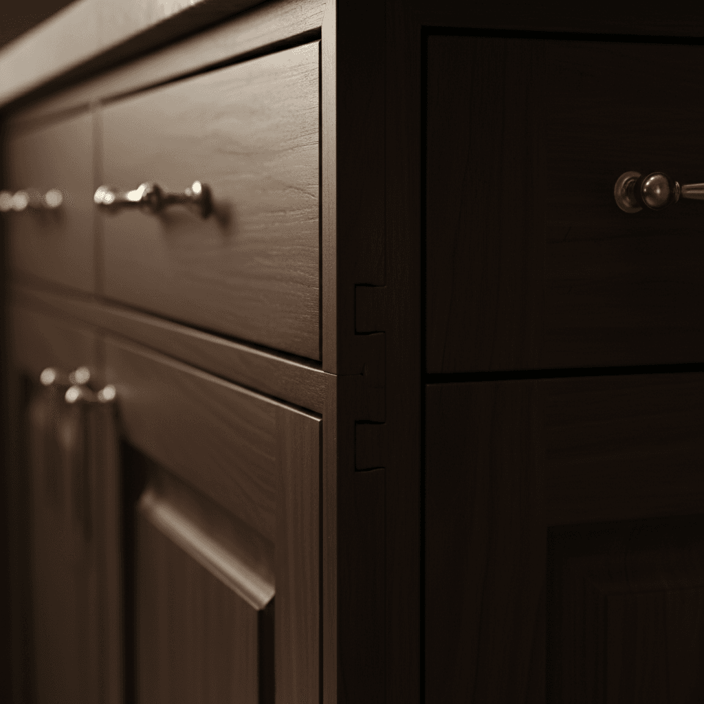 Close-up of walnut cabinet joint