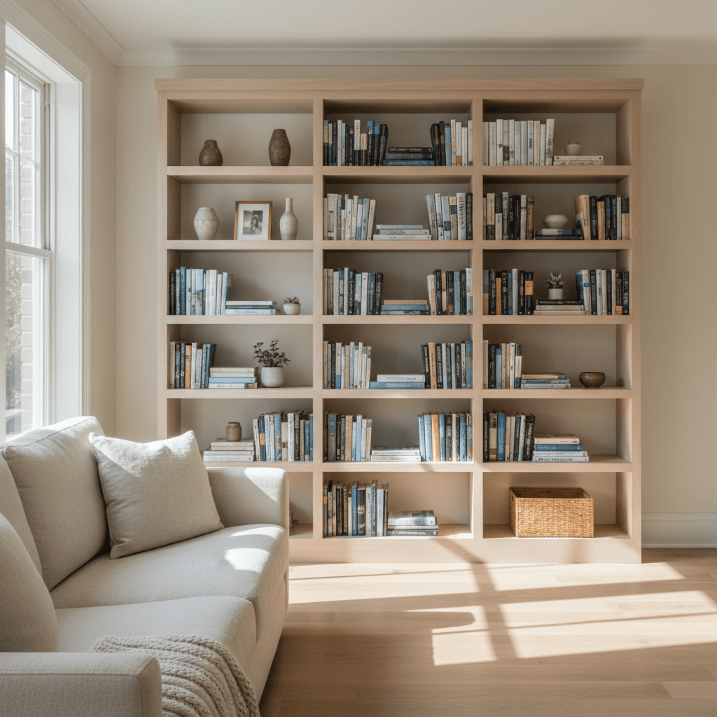 Custom oak bookshelf in Toronto living room