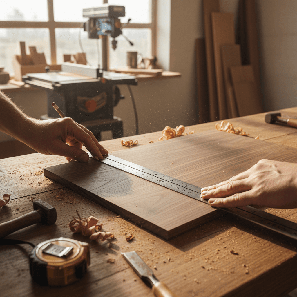 Carpenter's workbench with hand tools and wood shavings in a Toronto workshop