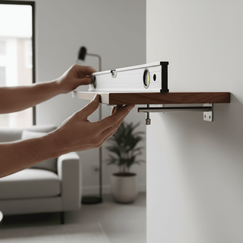 Level being held against a newly installed shelf bracket in a bright room