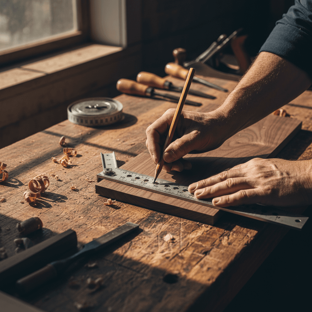 Close-up of hands marking a measurement on oak trim