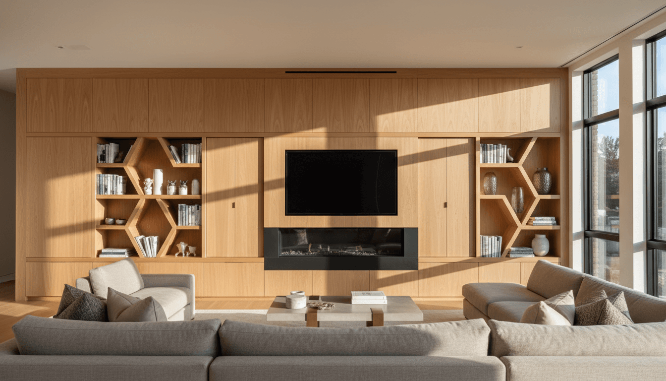 Custom built-in media cabinetry surrounding a fireplace