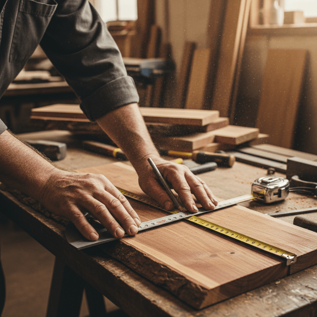 Carpenter measuring maple trim by hand in a workshop