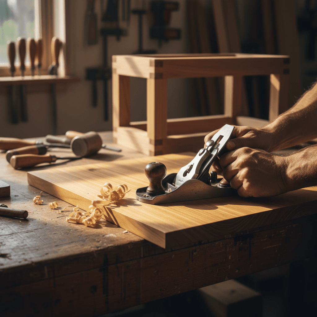 Carpenter's hands fitting a dovetail joint on a workbench
