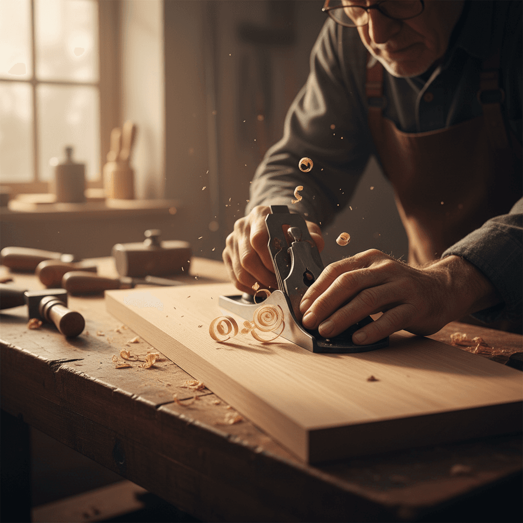 Carpenter's hands planing a piece of oak on a workbench