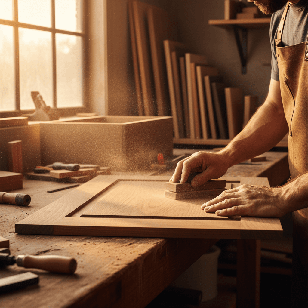 Carpenter's hands fitting a custom cabinet joint