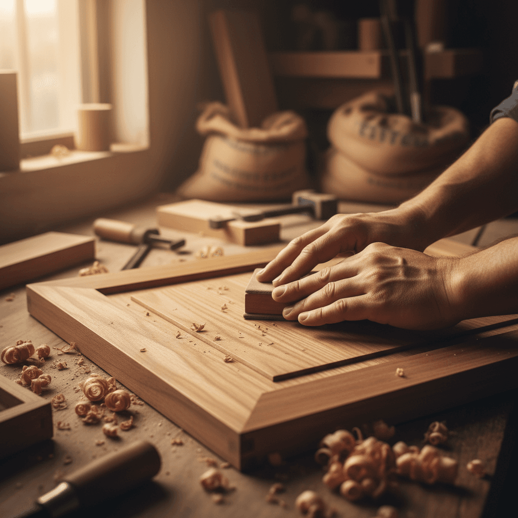 Close-up of hands adjusting a hinge on a custom walnut cabinet door in a Toronto kitchen
