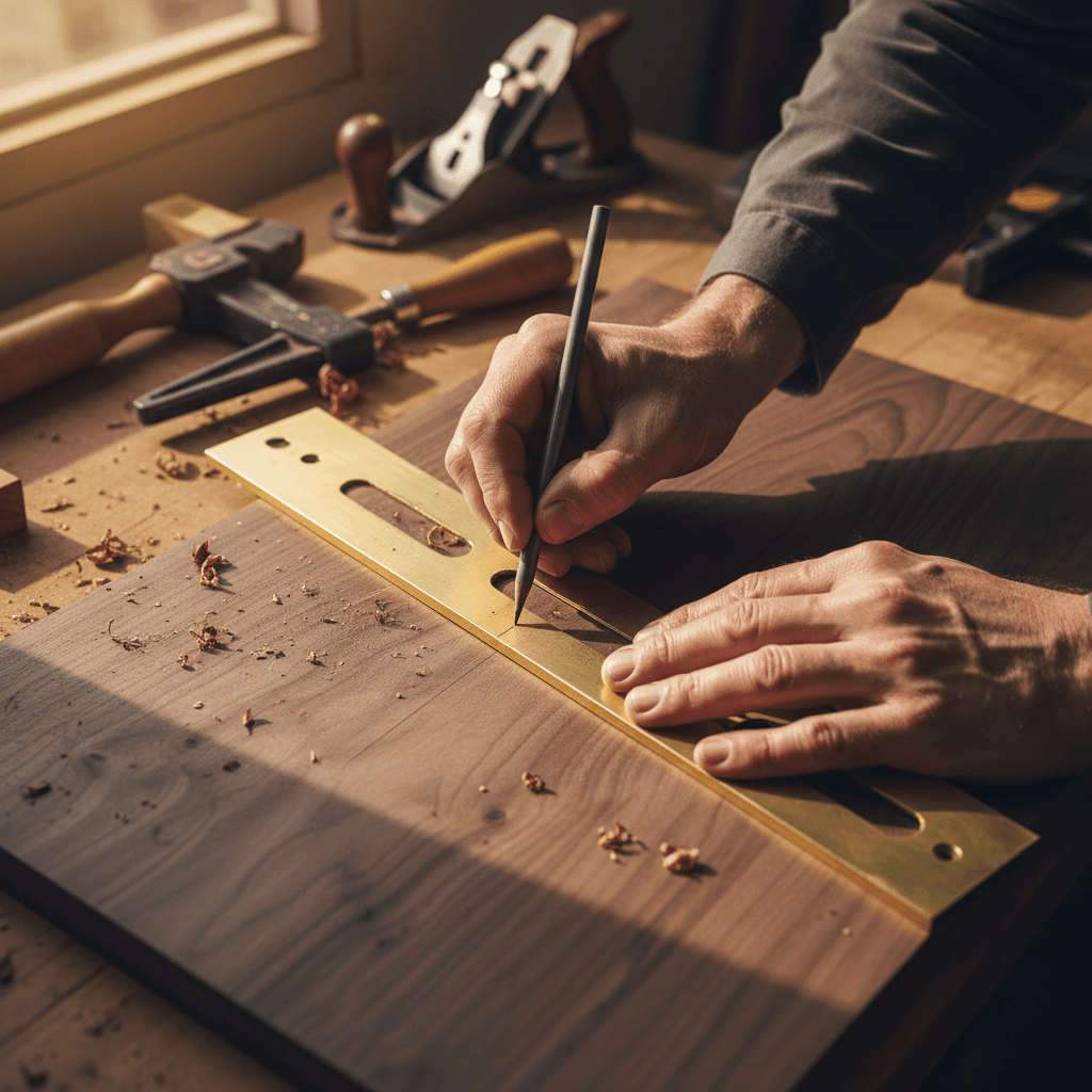 Overhead view of a workbench with a combination square and marked oak trim in a Toronto workshop
