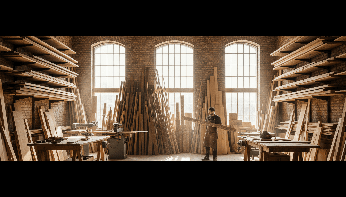 Workshop interior with a custom-built shelving unit