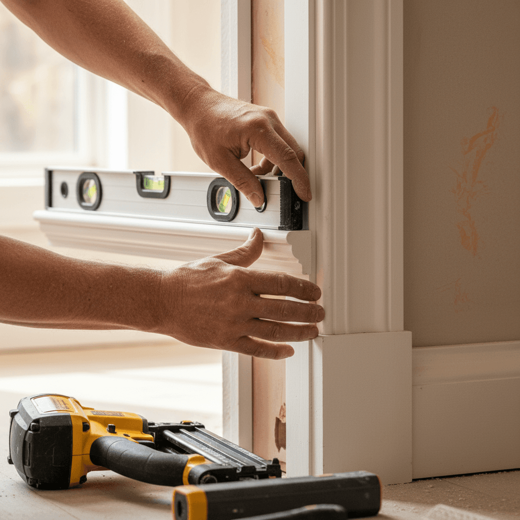 Carpenter installing interior window casing and trim